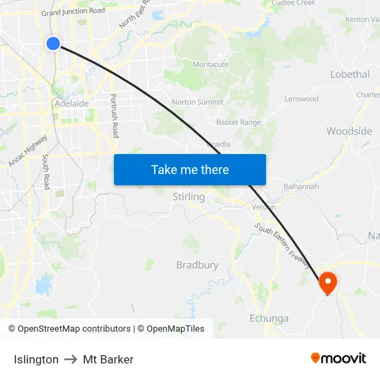 Islington to Mt Barker map