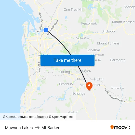 Mawson Lakes to Mt Barker map