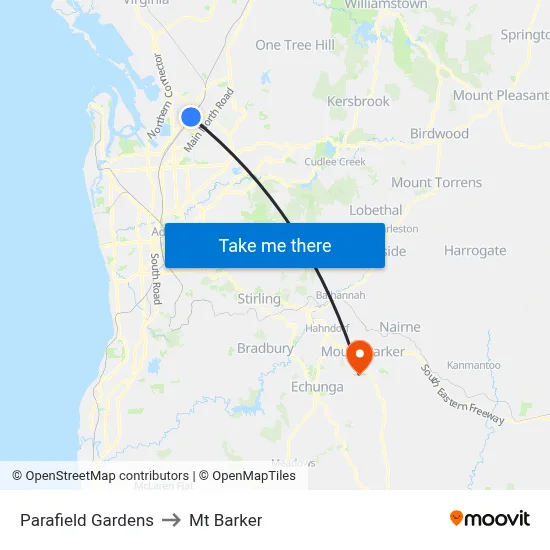 Parafield Gardens to Mt Barker map