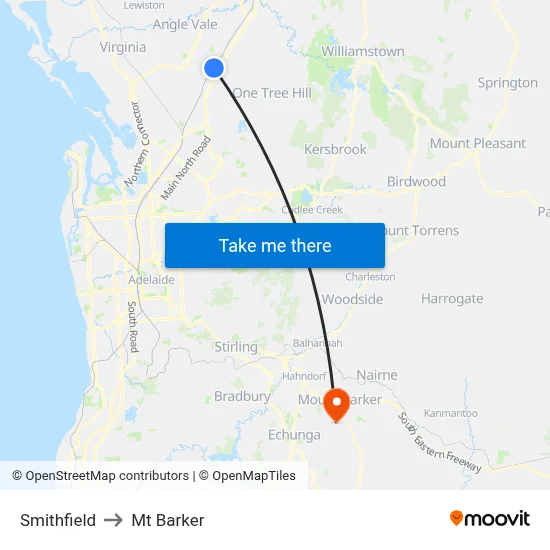 Smithfield to Mt Barker map