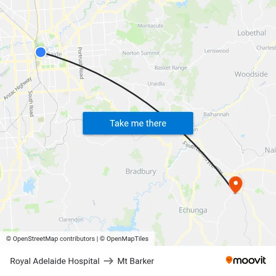 Royal Adelaide Hospital to Mt Barker map