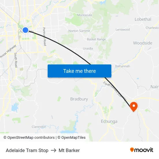 Adelaide Tram Stop to Mt Barker map