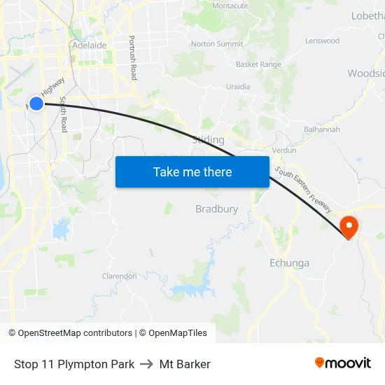 Stop 11 Plympton Park to Mt Barker map