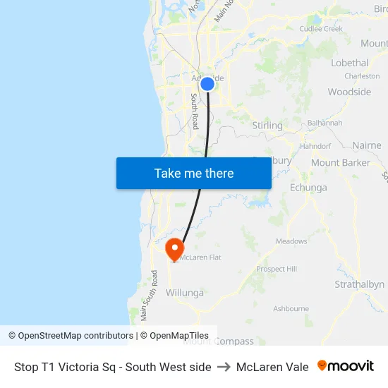 Stop T1 Victoria Sq - South West side to McLaren Vale map