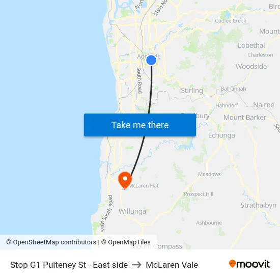 Stop G1 Pulteney St - East side to McLaren Vale map