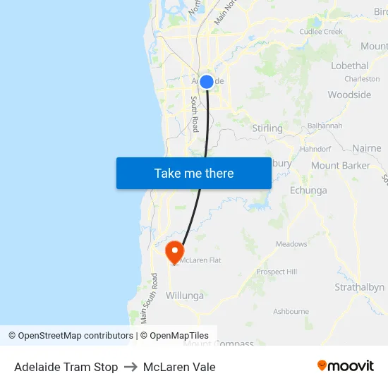 Adelaide Tram Stop to McLaren Vale map