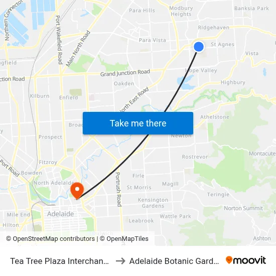 Tea Tree Plaza Interchange to Adelaide Botanic Garden map