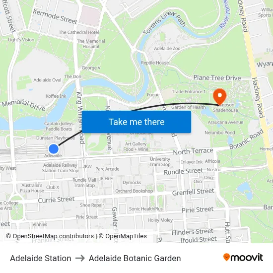 Adelaide Station to Adelaide Botanic Garden map