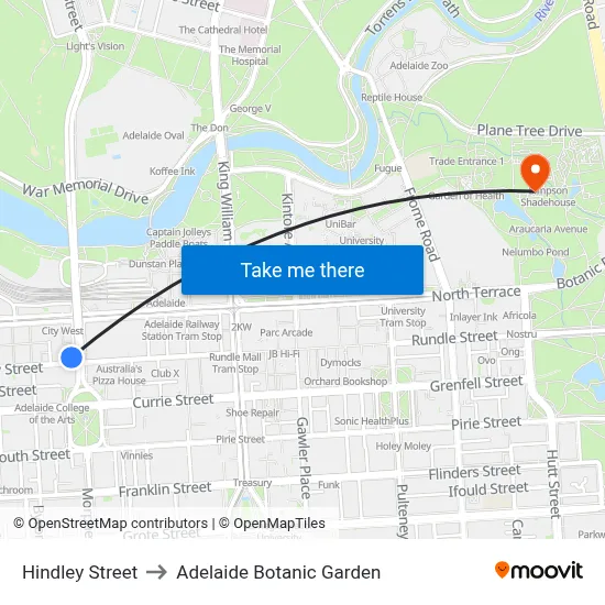 Hindley Street to Adelaide Botanic Garden map