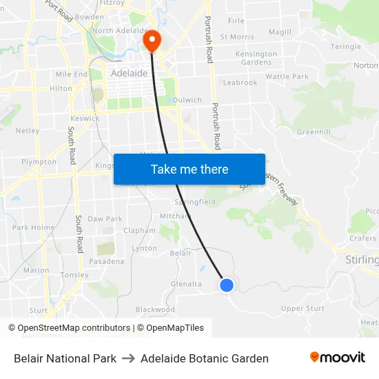 Belair National Park to Adelaide Botanic Garden map