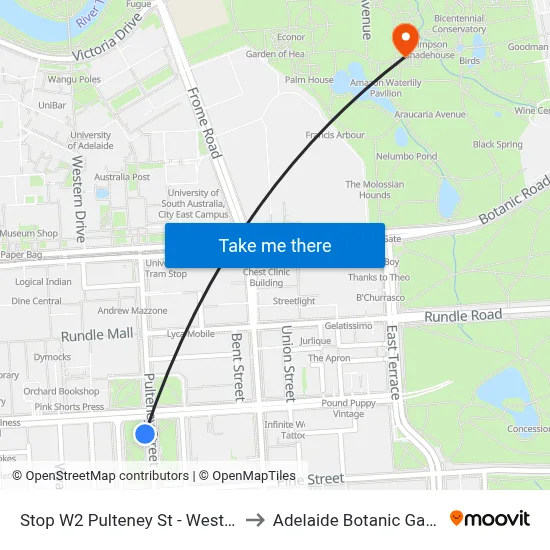 Stop W2 Pulteney St - West side to Adelaide Botanic Garden map