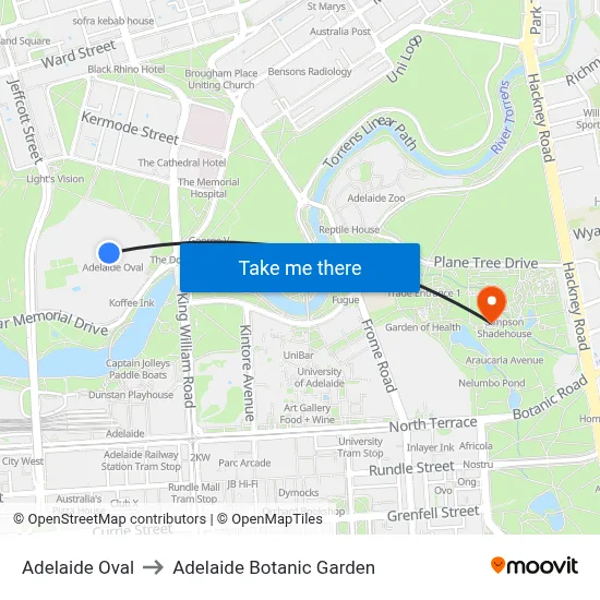Adelaide Oval to Adelaide Botanic Garden map