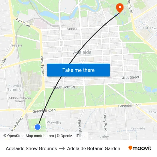 Adelaide Show Grounds to Adelaide Botanic Garden map