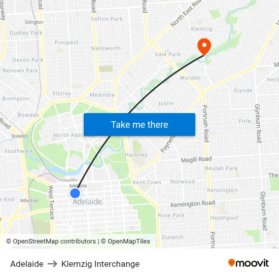 Adelaide to Klemzig Interchange map