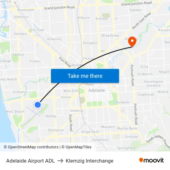 Adelaide Airport ADL to Klemzig Interchange map