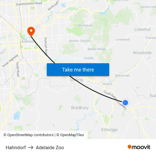 Hahndorf to Adelaide Zoo map
