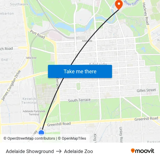 Adelaide Showground to Adelaide Zoo map