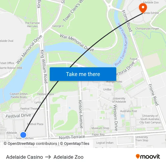 Adelaide Casino to Adelaide Zoo map