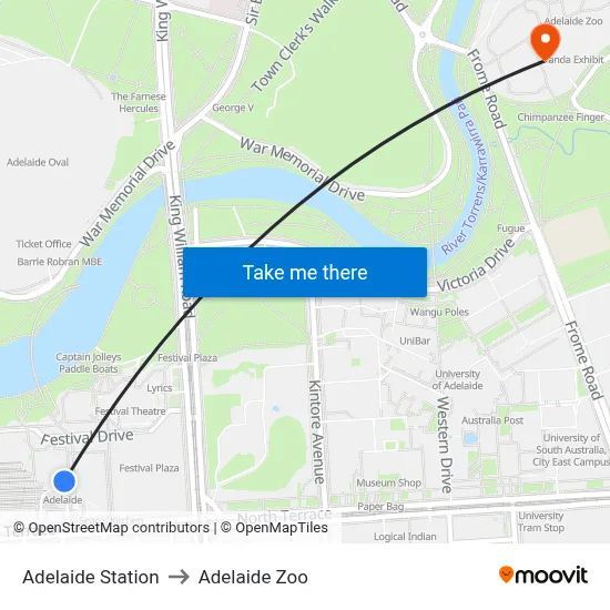 Adelaide Station to Adelaide Zoo map