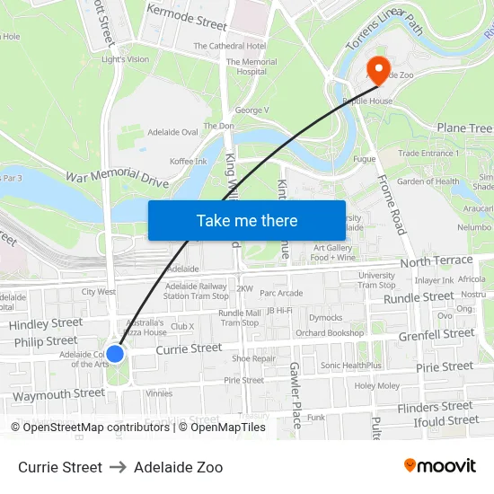 Currie Street to Adelaide Zoo map