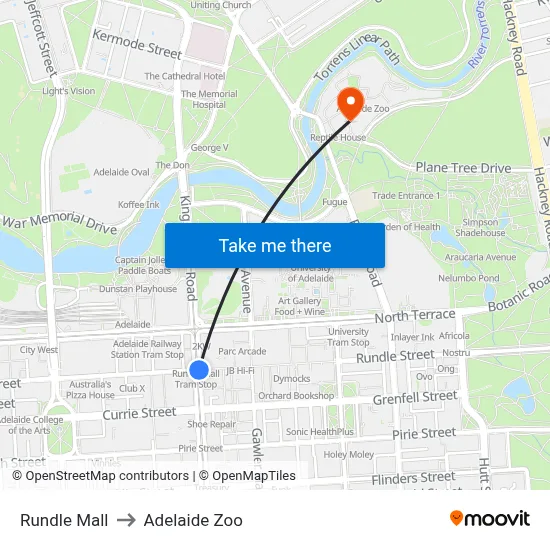 Rundle Mall to Adelaide Zoo map