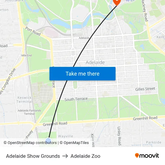 Adelaide Show Grounds to Adelaide Zoo map