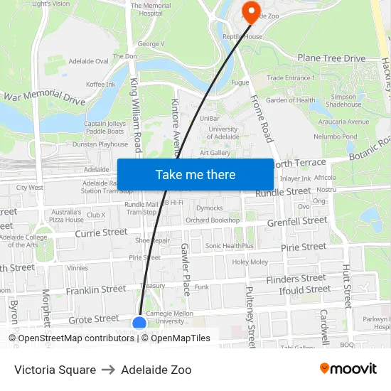 Victoria Square to Adelaide Zoo map