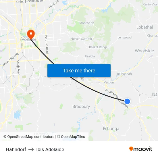 Hahndorf to Ibis Adelaide map