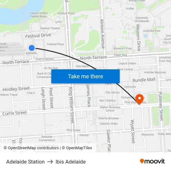 Adelaide Station to Ibis Adelaide map