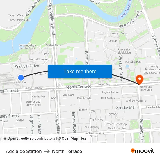 Adelaide Station to North Terrace map