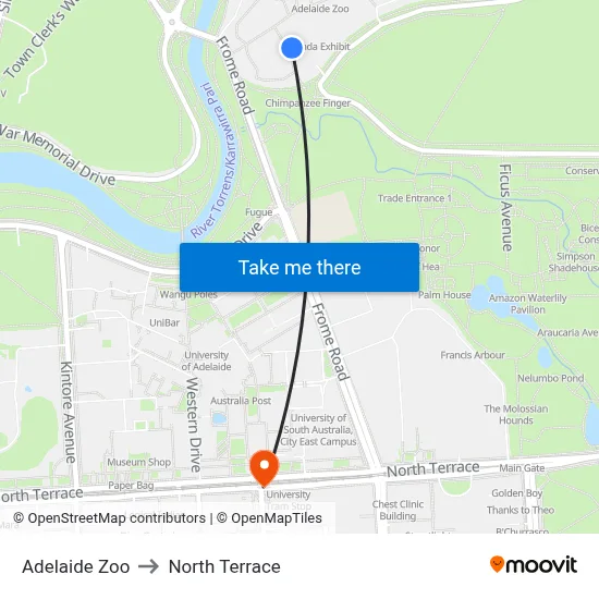 Adelaide Zoo to North Terrace map