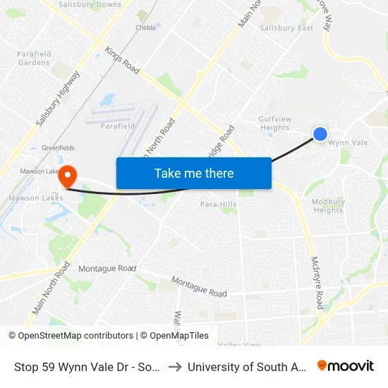 Stop 59 Wynn Vale Dr - South side to University of South Australia map