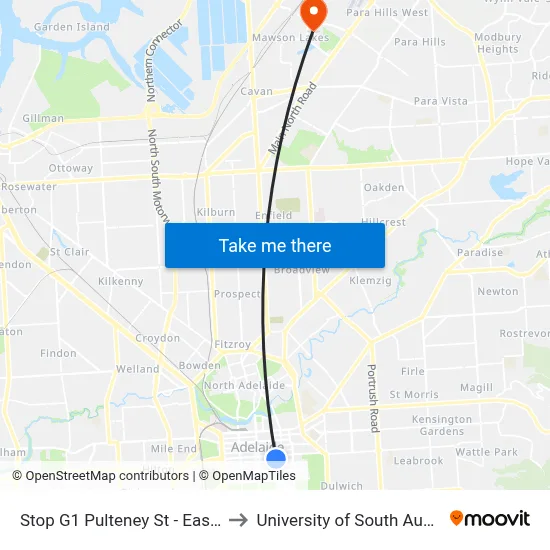 Stop G1 Pulteney St - East side to University of South Australia map