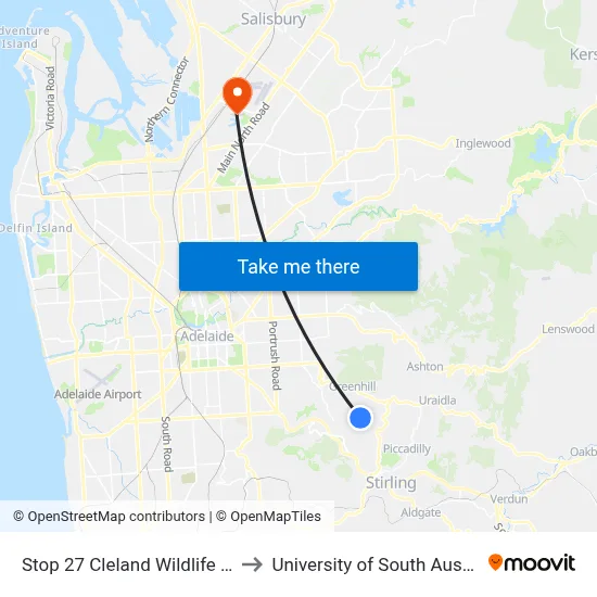 Stop 27 Cleland Wildlife Park to University of South Australia map