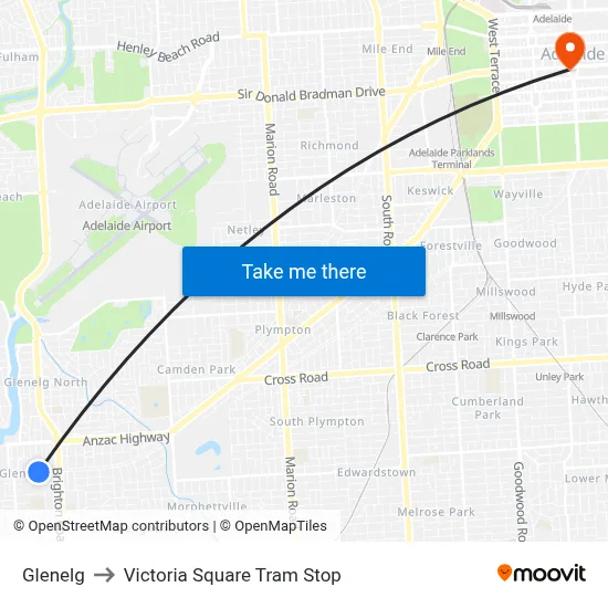 Glenelg to Victoria Square Tram Stop map