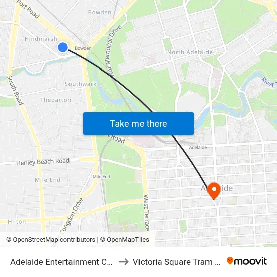 Adelaide Entertainment Centre to Victoria Square Tram Stop map