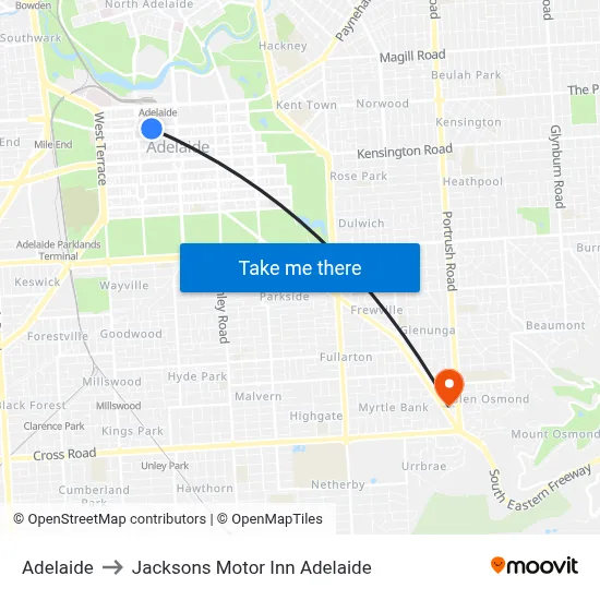 Adelaide to Jacksons Motor Inn Adelaide map