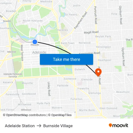 Adelaide Station to Burnside Village map