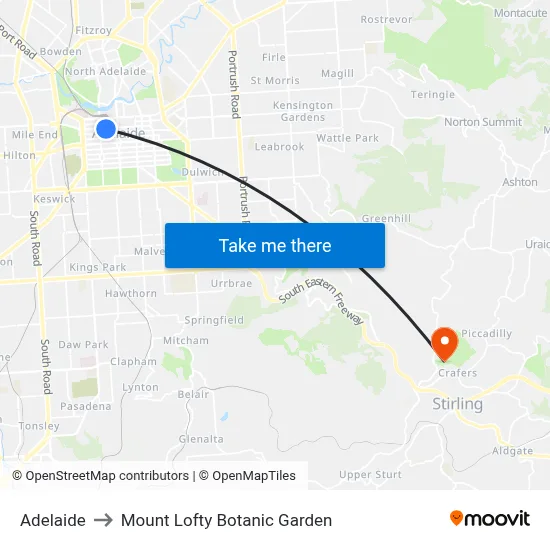 Adelaide to Mount Lofty Botanic Garden map