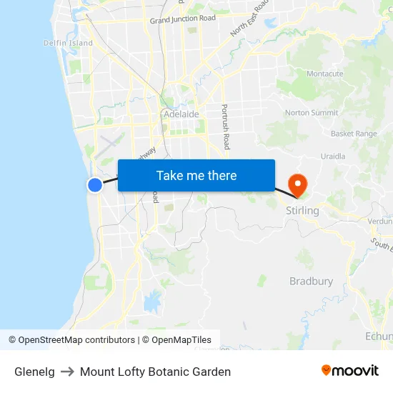 Glenelg to Mount Lofty Botanic Garden map