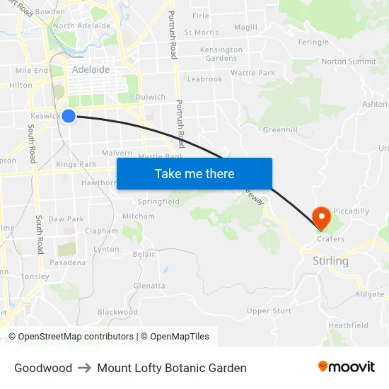 Goodwood to Mount Lofty Botanic Garden map