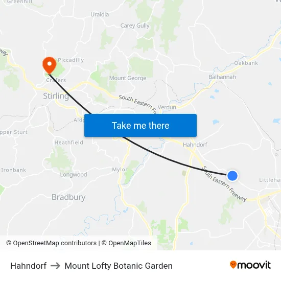 Hahndorf to Mount Lofty Botanic Garden map