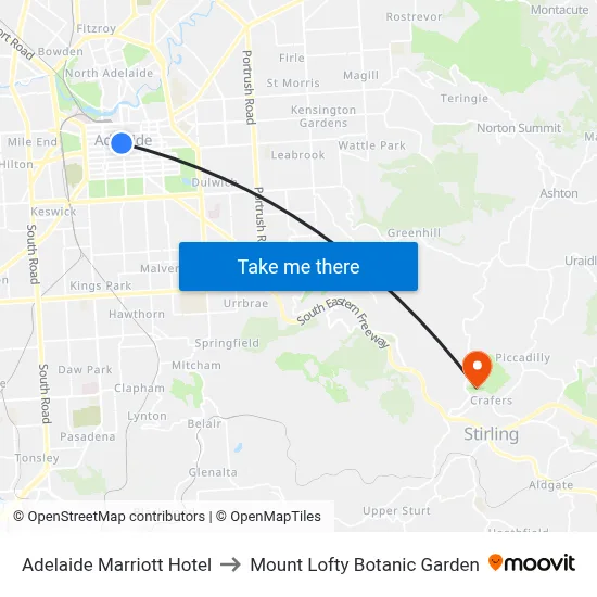 Adelaide Marriott Hotel to Mount Lofty Botanic Garden map
