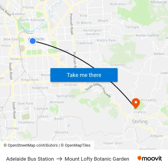 Adelaide Bus Station to Mount Lofty Botanic Garden map