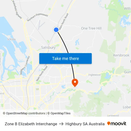 Zone B Elizabeth Interchange to Highbury SA Australia map