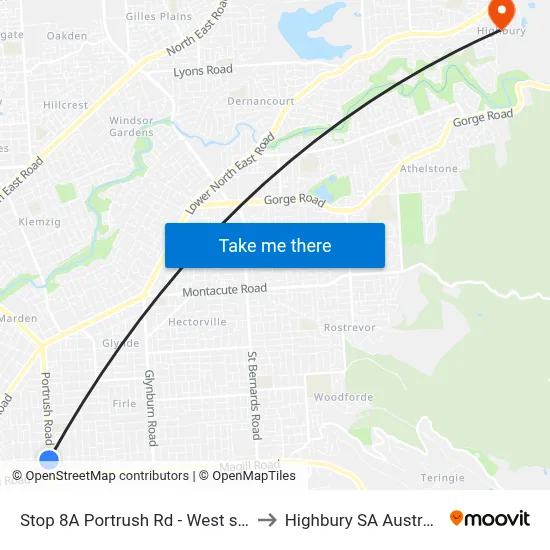 Stop 8A Portrush Rd - West side to Highbury SA Australia map