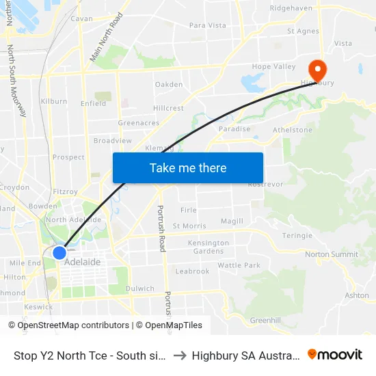 Stop Y2 North Tce - South side to Highbury SA Australia map