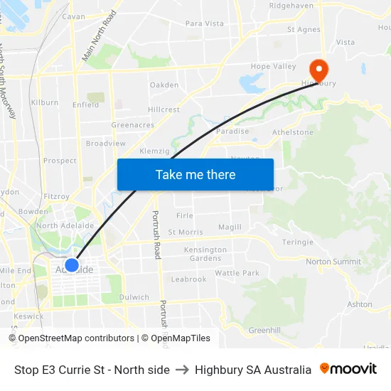 Stop E3 Currie St - North side to Highbury SA Australia map