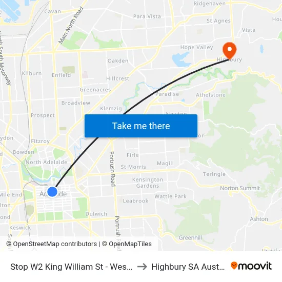 Stop W2 King William St - West side to Highbury SA Australia map
