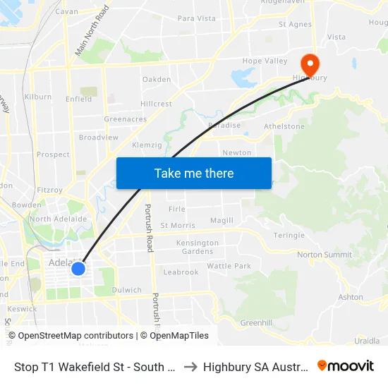Stop T1 Wakefield St - South side to Highbury SA Australia map